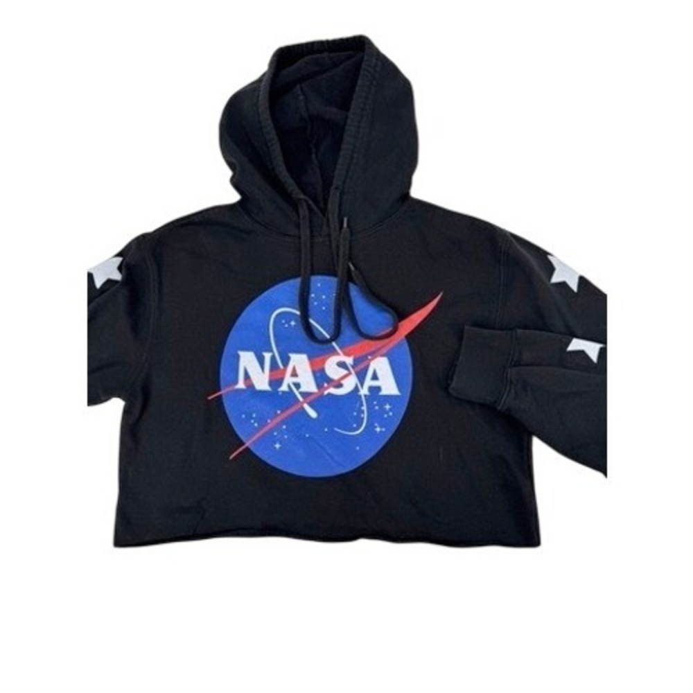 NASA‎ Graphic Cropped Hoodie Small Womens Black Chemistry Star Sleeve Sweatshirt
